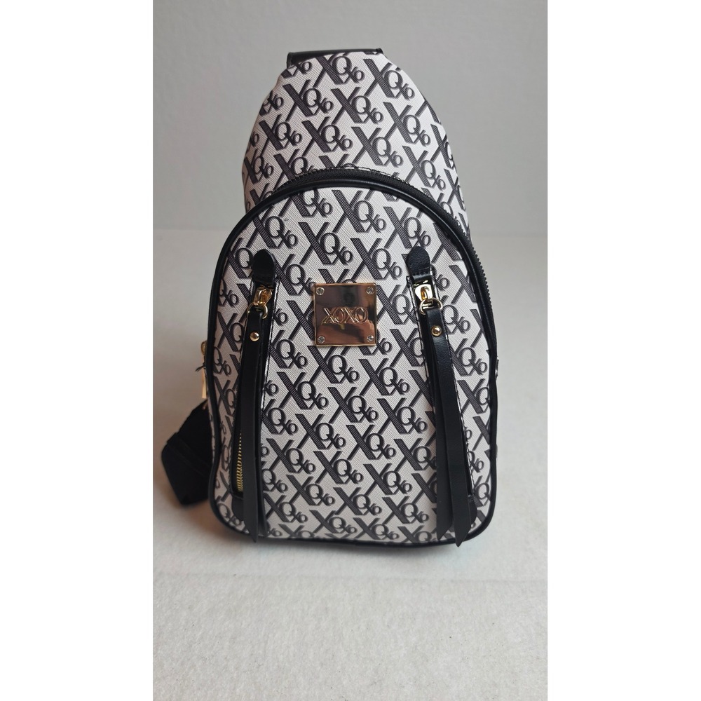 XOXO Monogram Sling Backpack Black White Gold Tone Logo Adjustable Strap NWT